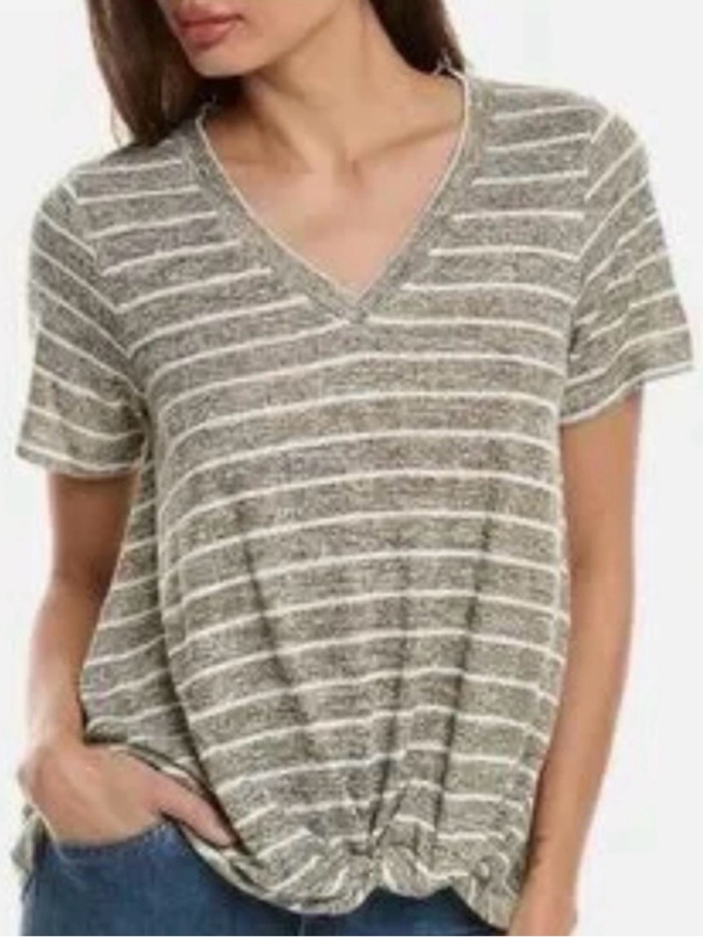 Caslon Heather Gray Ivory Stripe V Neck Front Twist Top